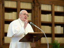 Pope Francis gives the Angelus address Jan. 17, 2021.